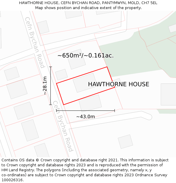 HAWTHORNE HOUSE, CEFN BYCHAN ROAD, PANTYMWYN, MOLD, CH7 5EL: Plot and title map