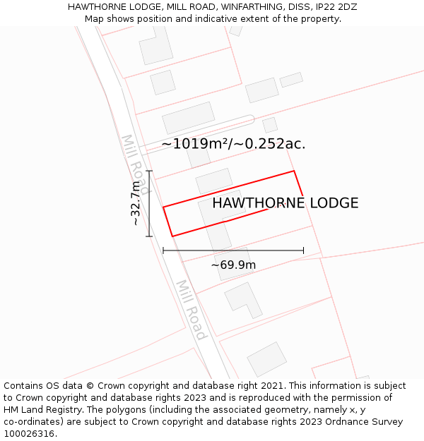 HAWTHORNE LODGE, MILL ROAD, WINFARTHING, DISS, IP22 2DZ: Plot and title map