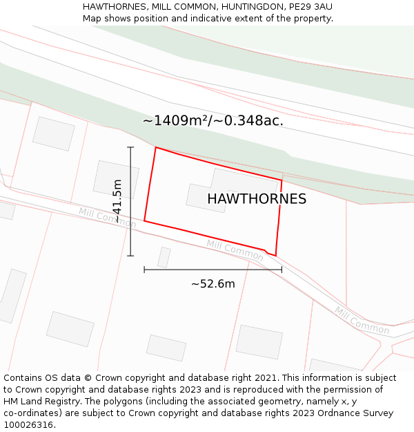 HAWTHORNES, MILL COMMON, HUNTINGDON, PE29 3AU: Plot and title map