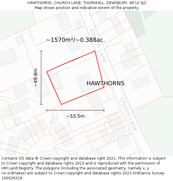 HAWTHORNS, CHURCH LANE, THORNHILL, DEWSBURY, WF12 0JZ: Plot and title map