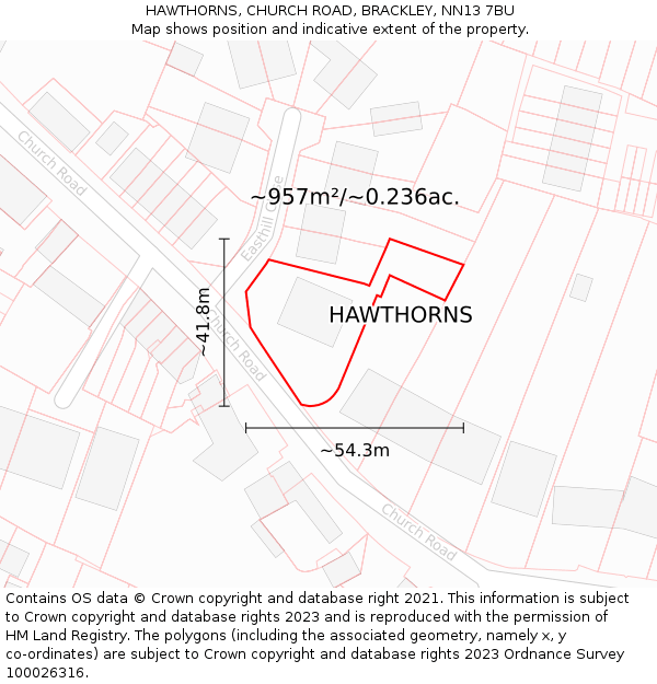 HAWTHORNS, CHURCH ROAD, BRACKLEY, NN13 7BU: Plot and title map