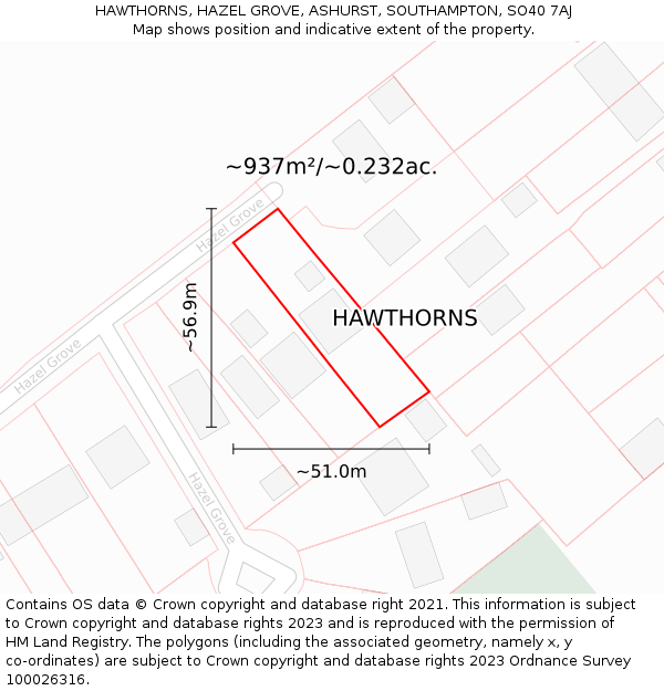 HAWTHORNS, HAZEL GROVE, ASHURST, SOUTHAMPTON, SO40 7AJ: Plot and title map