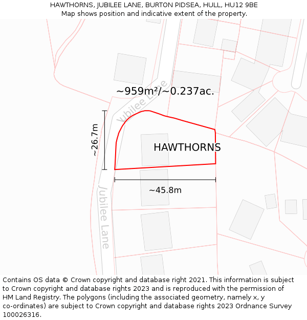 HAWTHORNS, JUBILEE LANE, BURTON PIDSEA, HULL, HU12 9BE: Plot and title map