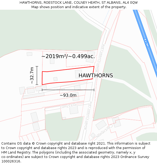 HAWTHORNS, ROESTOCK LANE, COLNEY HEATH, ST ALBANS, AL4 0QW: Plot and title map