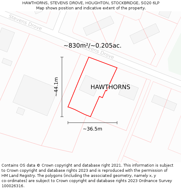 HAWTHORNS, STEVENS DROVE, HOUGHTON, STOCKBRIDGE, SO20 6LP: Plot and title map