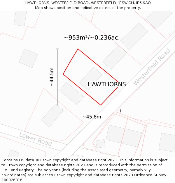 HAWTHORNS, WESTERFIELD ROAD, WESTERFIELD, IPSWICH, IP6 9AQ: Plot and title map