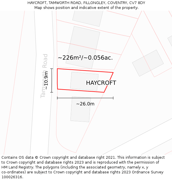 HAYCROFT, TAMWORTH ROAD, FILLONGLEY, COVENTRY, CV7 8DY: Plot and title map