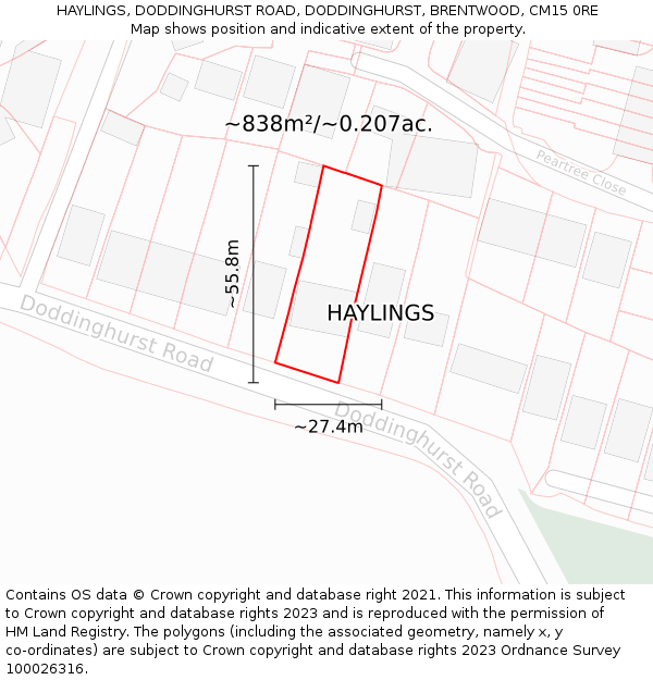 HAYLINGS, DODDINGHURST ROAD, DODDINGHURST, BRENTWOOD, CM15 0RE: Plot and title map