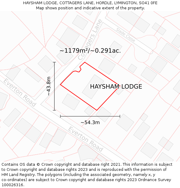 HAYSHAM LODGE, COTTAGERS LANE, HORDLE, LYMINGTON, SO41 0FE: Plot and title map