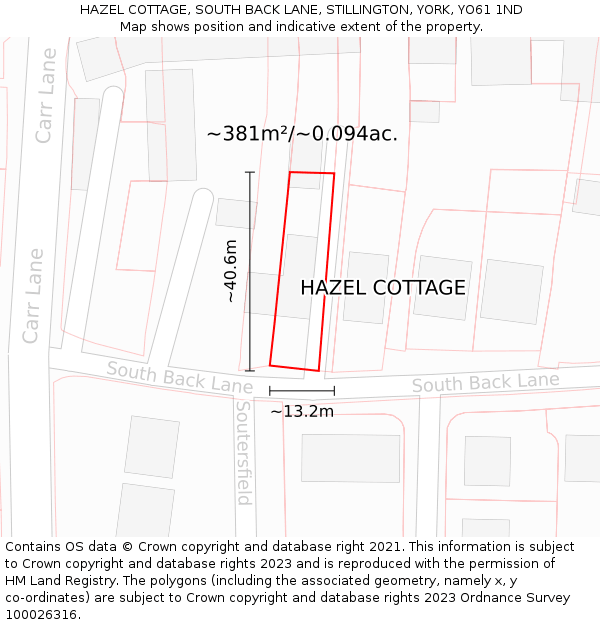 HAZEL COTTAGE, SOUTH BACK LANE, STILLINGTON, YORK, YO61 1ND: Plot and title map