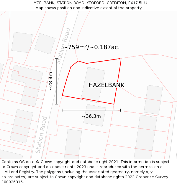 HAZELBANK, STATION ROAD, YEOFORD, CREDITON, EX17 5HU: Plot and title map