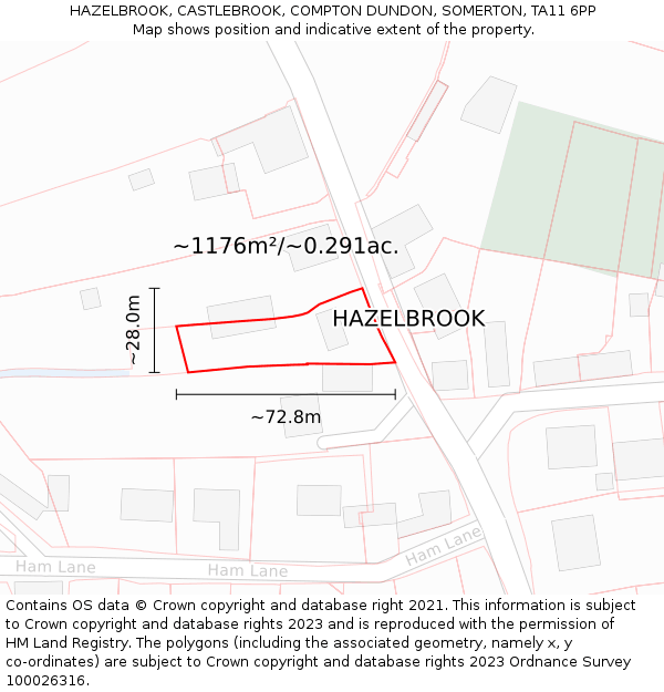 HAZELBROOK, CASTLEBROOK, COMPTON DUNDON, SOMERTON, TA11 6PP: Plot and title map