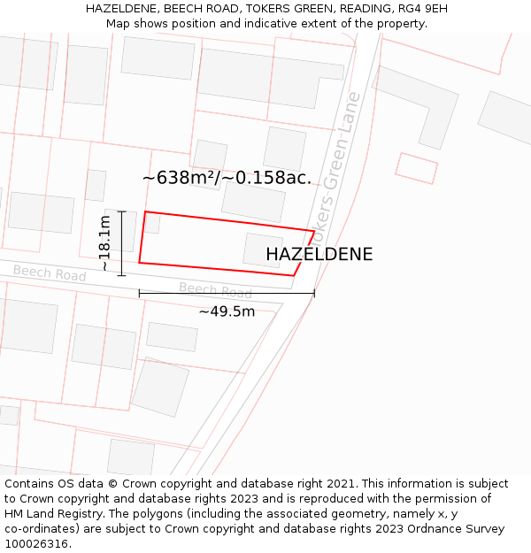 HAZELDENE, BEECH ROAD, TOKERS GREEN, READING, RG4 9EH: Plot and title map