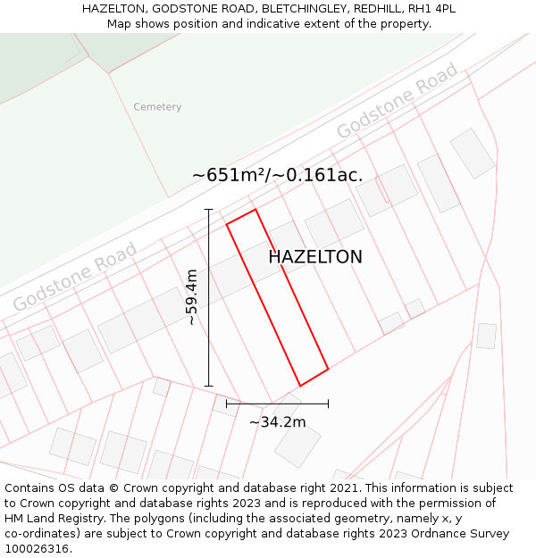 HAZELTON, GODSTONE ROAD, BLETCHINGLEY, REDHILL, RH1 4PL: Plot and title map