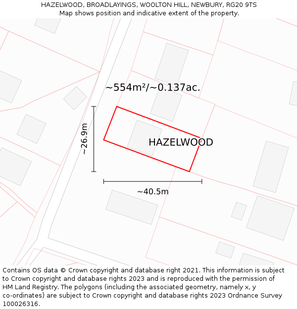 HAZELWOOD, BROADLAYINGS, WOOLTON HILL, NEWBURY, RG20 9TS: Plot and title map