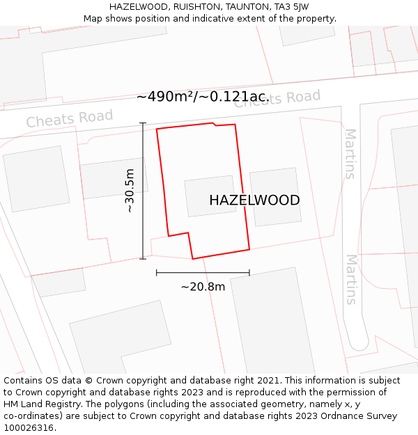 HAZELWOOD, RUISHTON, TAUNTON, TA3 5JW: Plot and title map