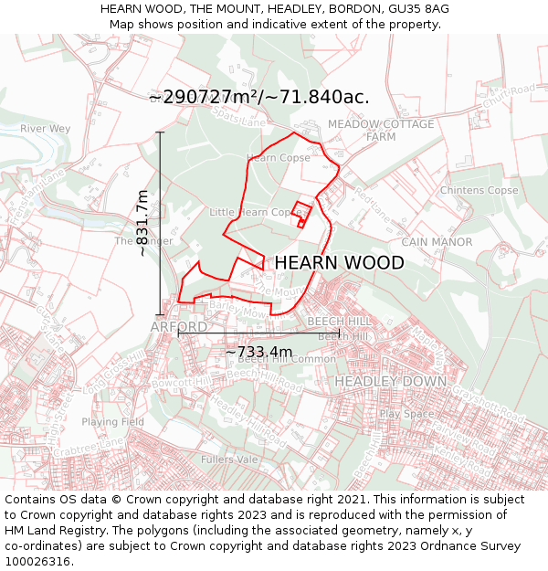 HEARN WOOD, THE MOUNT, HEADLEY, BORDON, GU35 8AG: Plot and title map