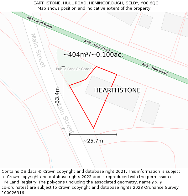 HEARTHSTONE, HULL ROAD, HEMINGBROUGH, SELBY, YO8 6QG: Plot and title map