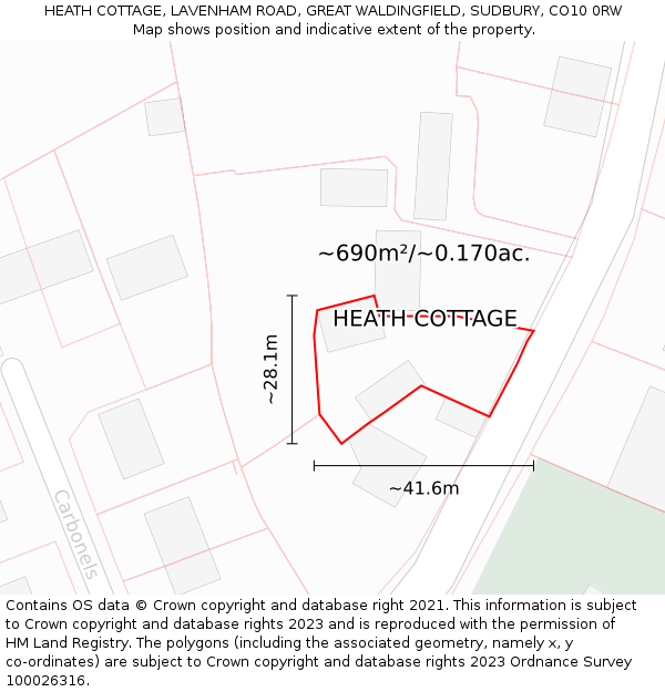 HEATH COTTAGE, LAVENHAM ROAD, GREAT WALDINGFIELD, SUDBURY, CO10 0RW: Plot and title map