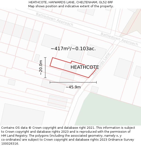 HEATHCOTE, HAYWARDS LANE, CHELTENHAM, GL52 6RF: Plot and title map