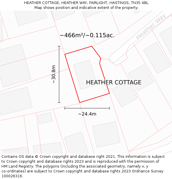 HEATHER COTTAGE, HEATHER WAY, FAIRLIGHT, HASTINGS, TN35 4BL: Plot and title map