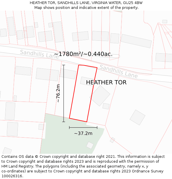 HEATHER TOR, SANDHILLS LANE, VIRGINIA WATER, GU25 4BW: Plot and title map