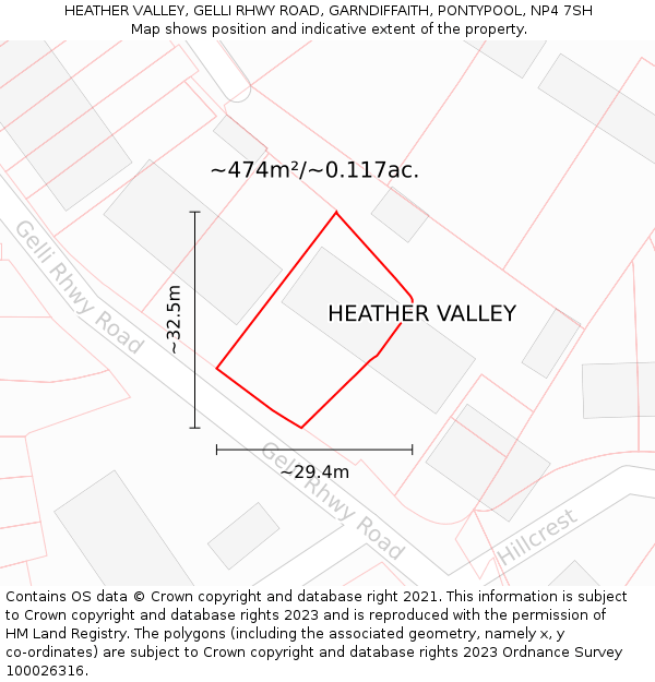 HEATHER VALLEY, GELLI RHWY ROAD, GARNDIFFAITH, PONTYPOOL, NP4 7SH: Plot and title map