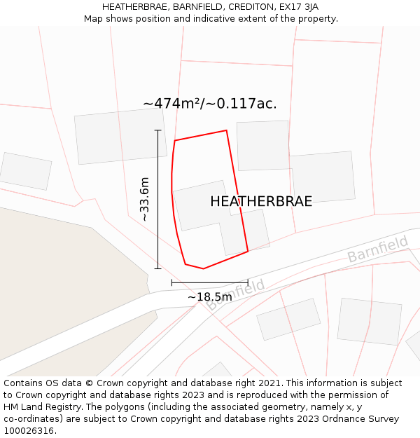 HEATHERBRAE, BARNFIELD, CREDITON, EX17 3JA: Plot and title map