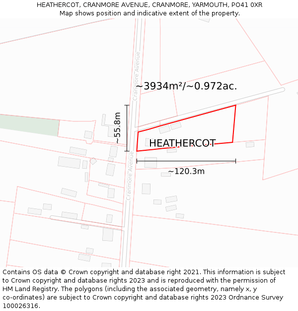 HEATHERCOT, CRANMORE AVENUE, CRANMORE, YARMOUTH, PO41 0XR: Plot and title map