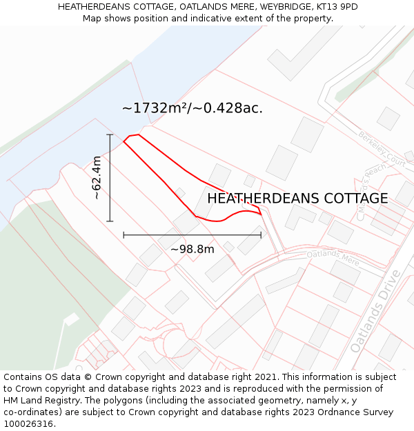 HEATHERDEANS COTTAGE, OATLANDS MERE, WEYBRIDGE, KT13 9PD: Plot and title map