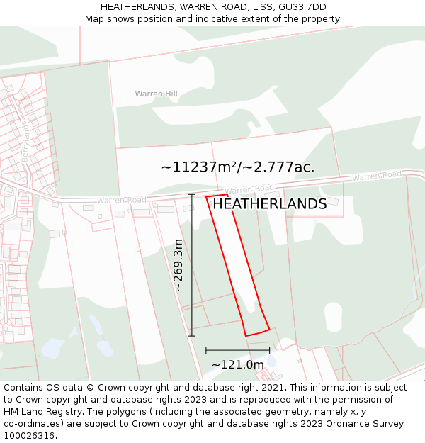 HEATHERLANDS, WARREN ROAD, LISS, GU33 7DD: Plot and title map