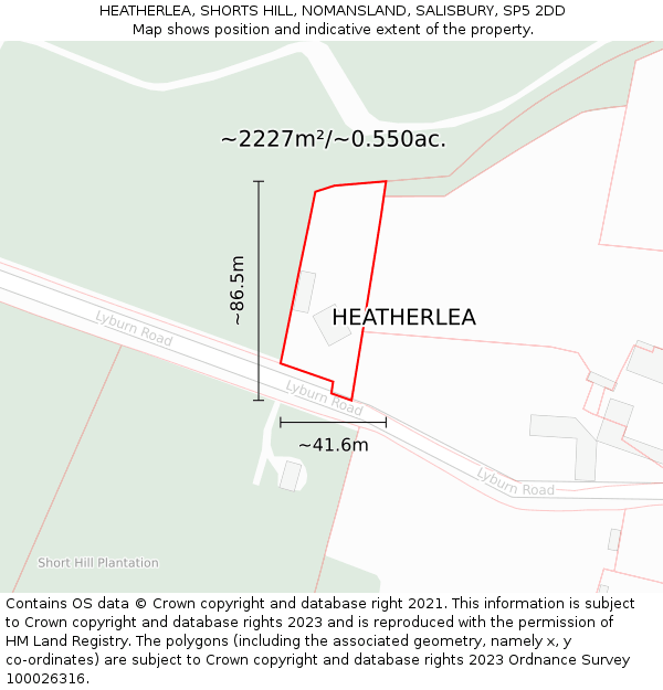 HEATHERLEA, SHORTS HILL, NOMANSLAND, SALISBURY, SP5 2DD: Plot and title map