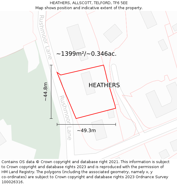 HEATHERS, ALLSCOTT, TELFORD, TF6 5EE: Plot and title map