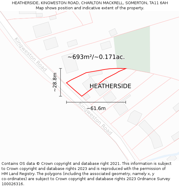 HEATHERSIDE, KINGWESTON ROAD, CHARLTON MACKRELL, SOMERTON, TA11 6AH: Plot and title map