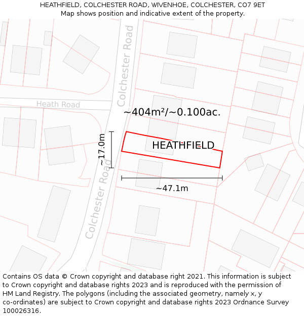 HEATHFIELD, COLCHESTER ROAD, WIVENHOE, COLCHESTER, CO7 9ET: Plot and title map