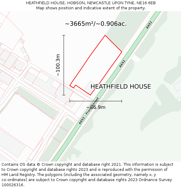 HEATHFIELD HOUSE, HOBSON, NEWCASTLE UPON TYNE, NE16 6EB: Plot and title map