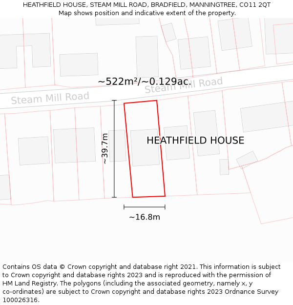 HEATHFIELD HOUSE, STEAM MILL ROAD, BRADFIELD, MANNINGTREE, CO11 2QT: Plot and title map