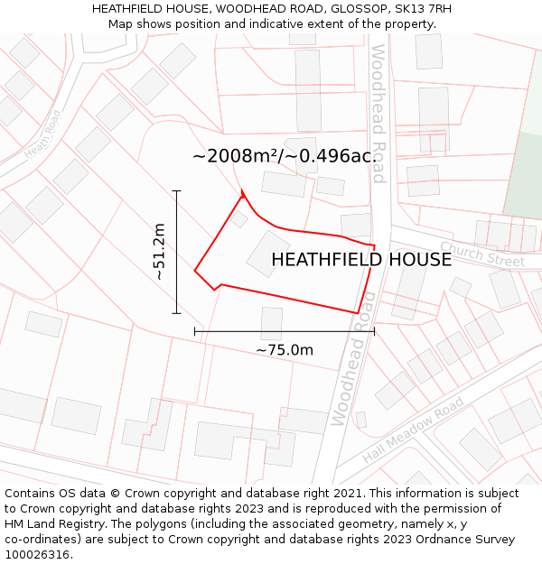 HEATHFIELD HOUSE, WOODHEAD ROAD, GLOSSOP, SK13 7RH: Plot and title map