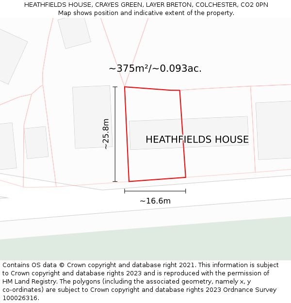 HEATHFIELDS HOUSE, CRAYES GREEN, LAYER BRETON, COLCHESTER, CO2 0PN: Plot and title map