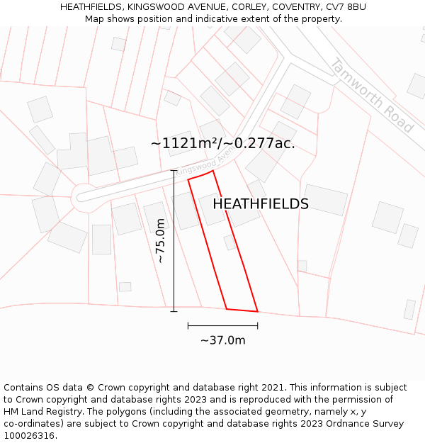 HEATHFIELDS, KINGSWOOD AVENUE, CORLEY, COVENTRY, CV7 8BU: Plot and title map