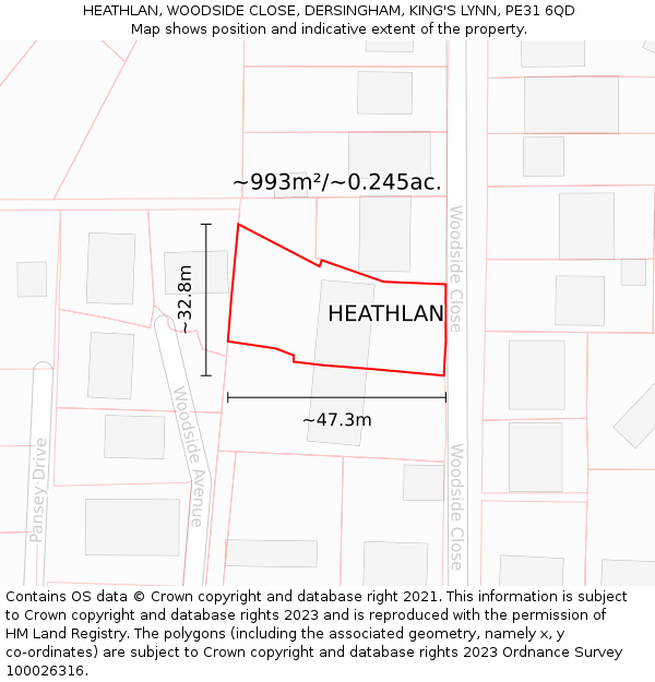 HEATHLAN, WOODSIDE CLOSE, DERSINGHAM, KING'S LYNN, PE31 6QD: Plot and title map