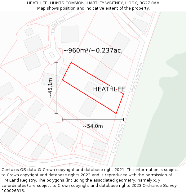 HEATHLEE, HUNTS COMMON, HARTLEY WINTNEY, HOOK, RG27 8AA: Plot and title map