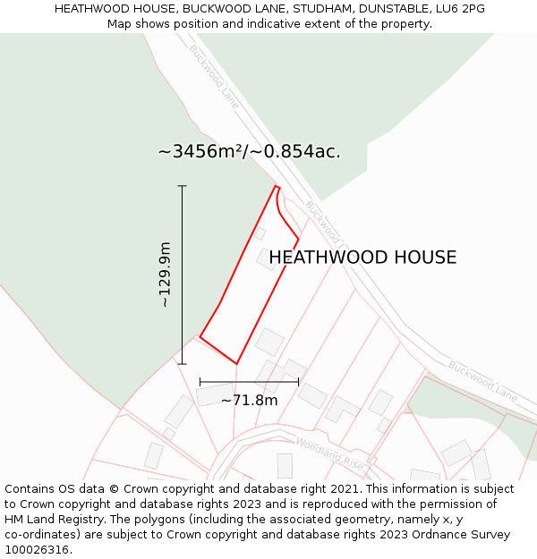 HEATHWOOD HOUSE, BUCKWOOD LANE, STUDHAM, DUNSTABLE, LU6 2PG: Plot and title map