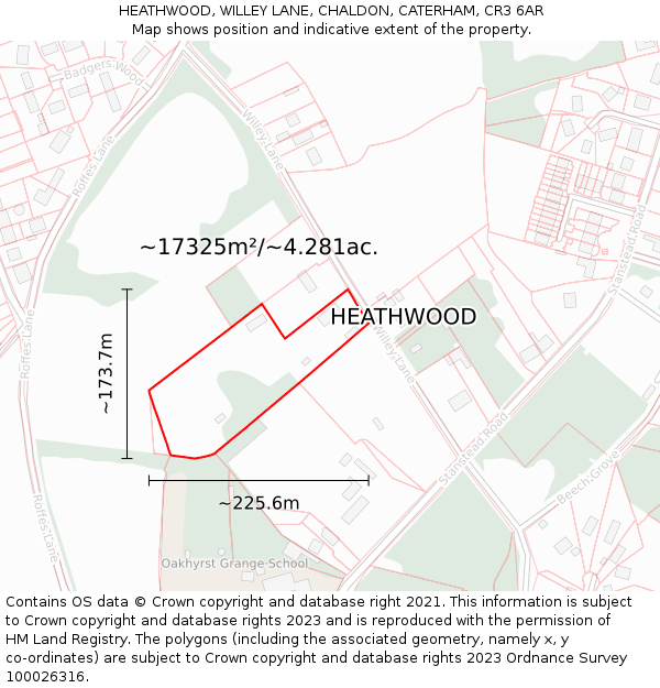 HEATHWOOD, WILLEY LANE, CHALDON, CATERHAM, CR3 6AR: Plot and title map