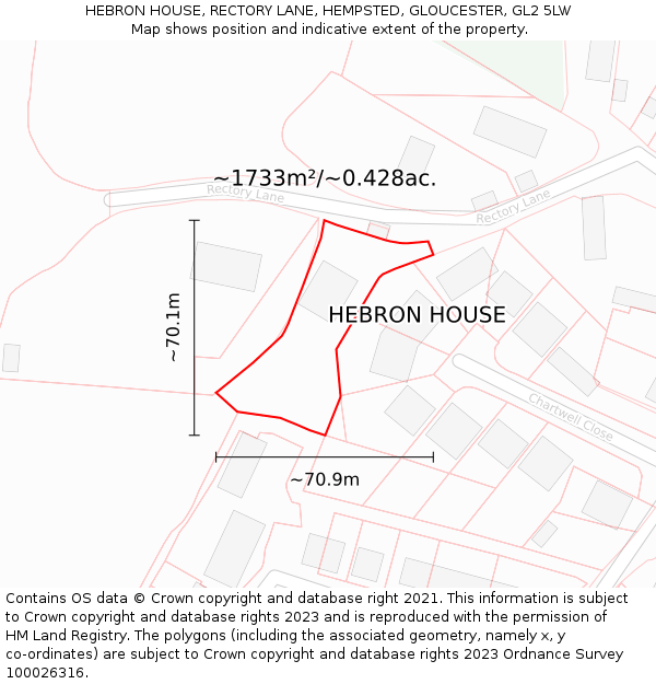 HEBRON HOUSE, RECTORY LANE, HEMPSTED, GLOUCESTER, GL2 5LW: Plot and title map