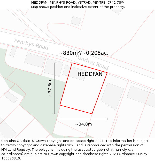 HEDDFAN, PENRHYS ROAD, YSTRAD, PENTRE, CF41 7SW: Plot and title map