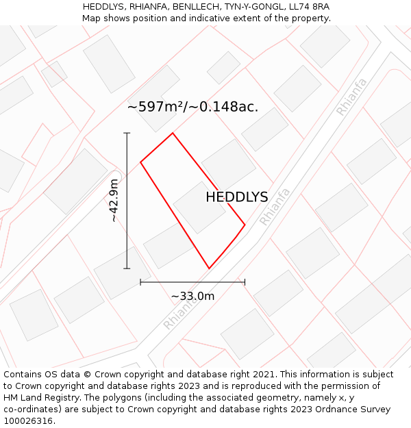 HEDDLYS, RHIANFA, BENLLECH, TYN-Y-GONGL, LL74 8RA: Plot and title map