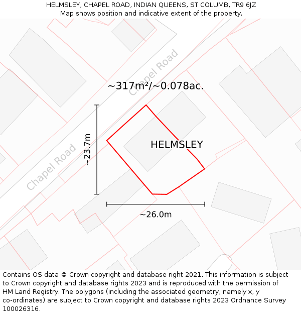 HELMSLEY, CHAPEL ROAD, INDIAN QUEENS, ST COLUMB, TR9 6JZ: Plot and title map