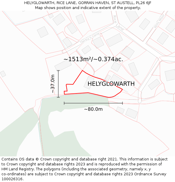 HELYGLOWARTH, RICE LANE, GORRAN HAVEN, ST AUSTELL, PL26 6JF: Plot and title map