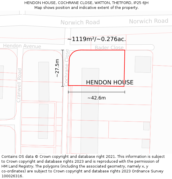 HENDON HOUSE, COCHRANE CLOSE, WATTON, THETFORD, IP25 6JH: Plot and title map